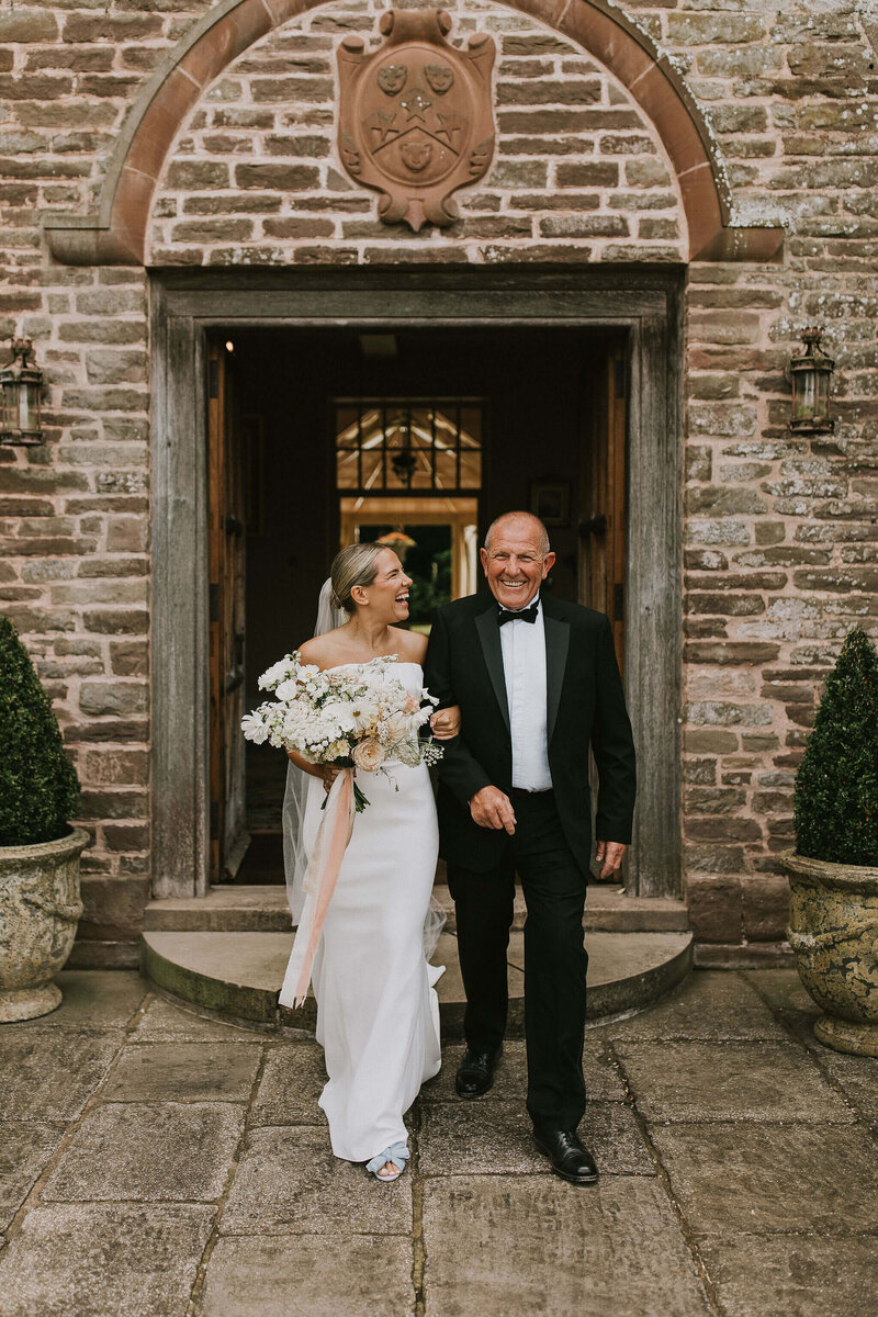 Bride and her Dad at Dewsall Court before getting married
