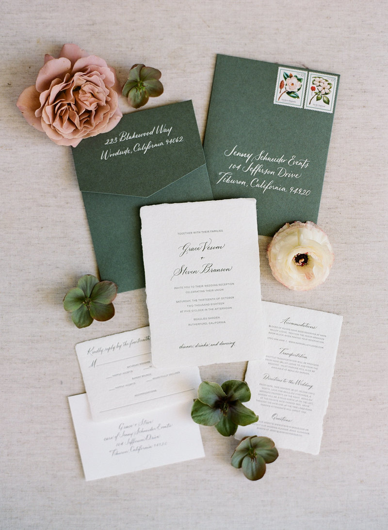 Invitation for wedding by Jenny Schneider Events at the Beaulieu Garden in Napa Valley, California. Photo by Lori Paladino Photography.