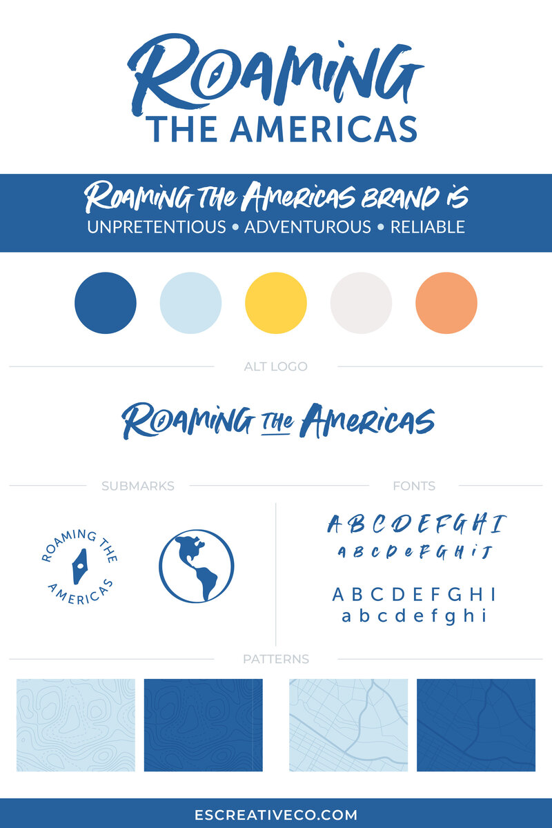 custom adventurous, blue and logo design & hand drawn brand icons for travel blogger