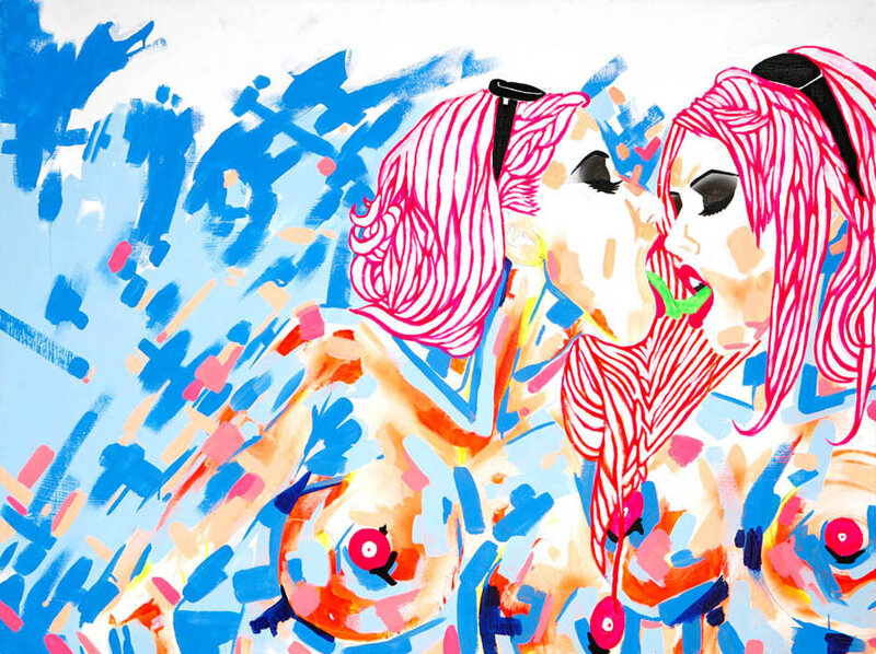 Tweedle Sours, 2007 -  Acrylic latex, acrylic paint, aerosol paint, graphite pencil on wood panel 32_x48_ Sold