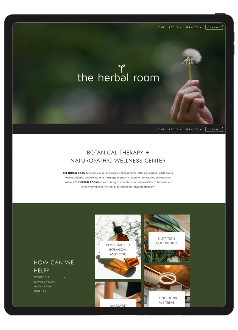 Screenshot of the The Herbal Room homepage newly designed After Photo, featuring a clean, minimal design with soft colors, inviting typography, and a clear navigation menu.
