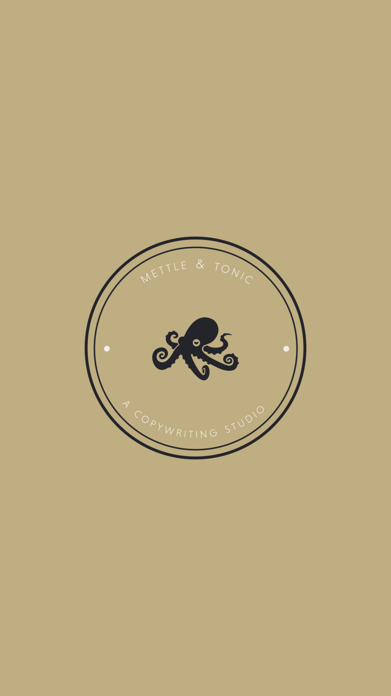 A dark purple minimalist submark design featuring an octopus within two outlined circles on an olive green background