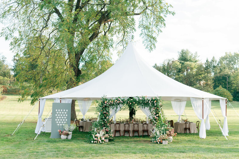 Aerial photo of a bride and groom kissing in front of wedding venue 