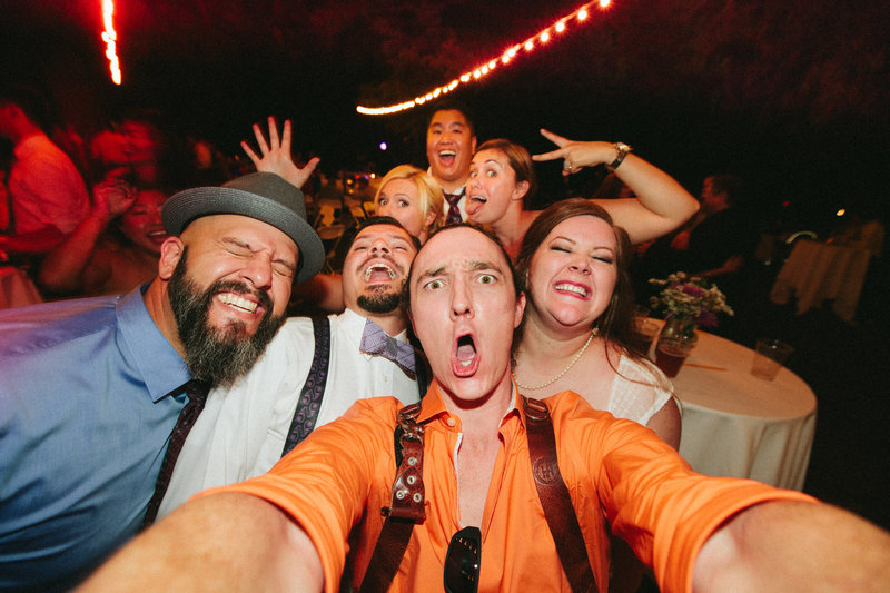 Wedding party group selfie with wedding photographer Derek Lapsley