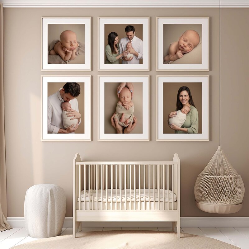 Framed Newborn Photography printed to decorate your nursery with high quality photography products. Photos taken at Marietta studio by Jenni Nikki Photography.