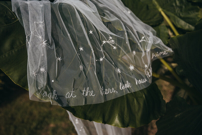 veil hangs in garden