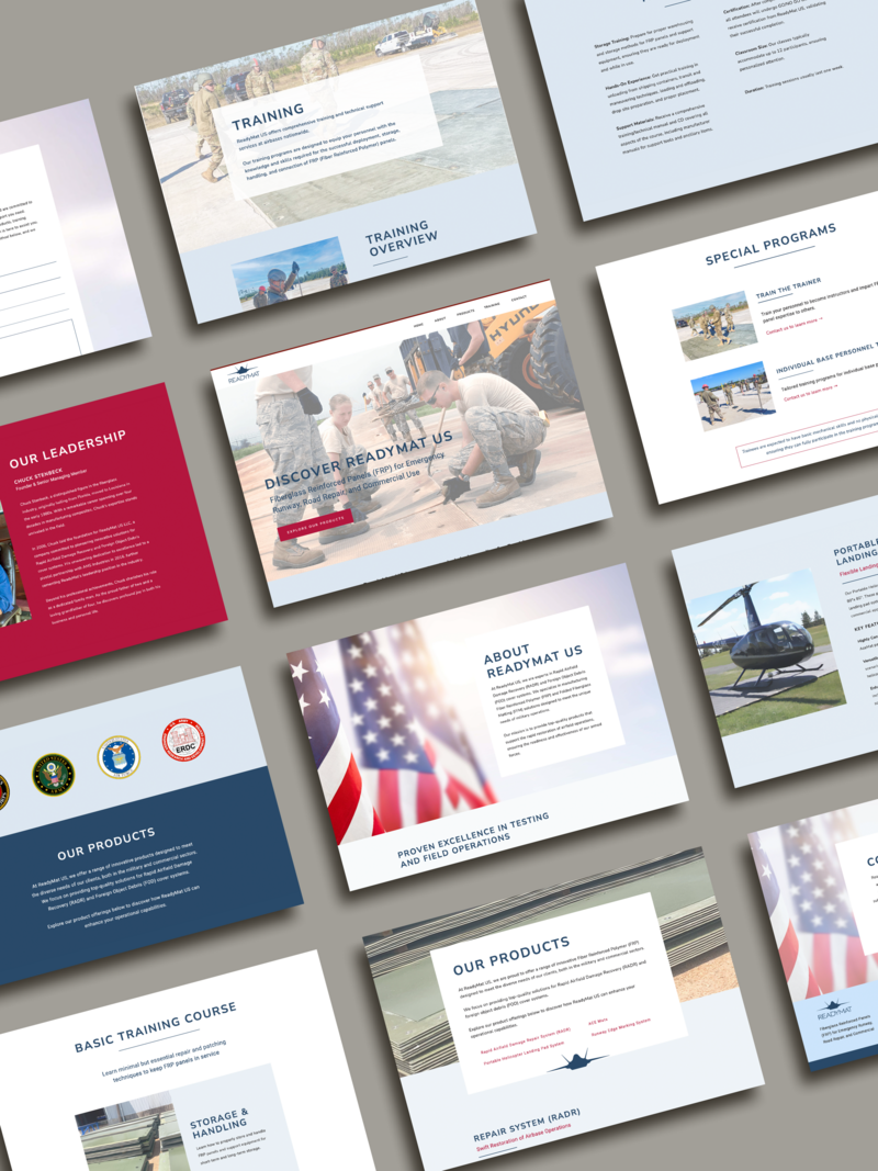 Collage of website layout mockups for ReadyMat US, showcasing pages on training, special programs, leadership, product offerings, and company background. Designs feature military personnel in the field, patriotic imagery, and red, white, and blue accents, reflecting the brand’s commitment to innovation, readiness, and service in runway and landing mat technology.