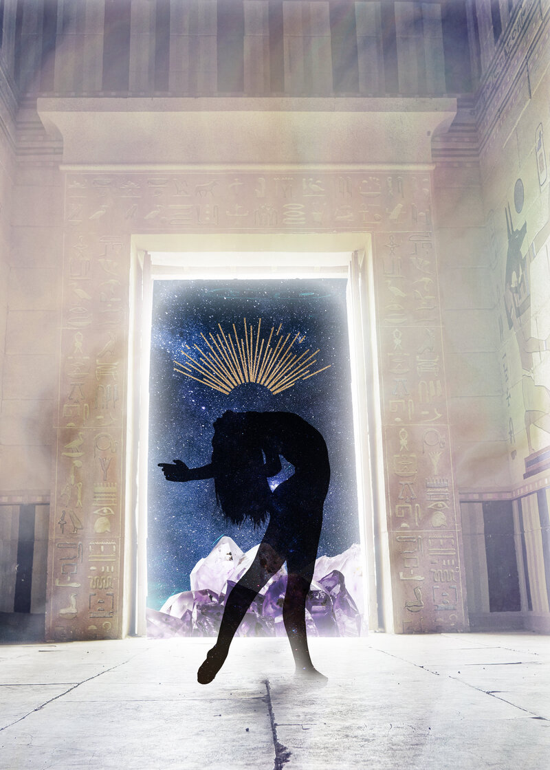 Artistic illustration of woman in graceful post looking upward with starry sky and sun rays