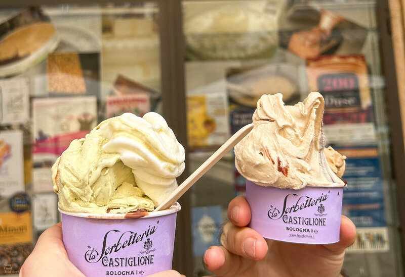 2 cups of gelato from La Sorbetteria Castiglione with their inventive flavors on display.