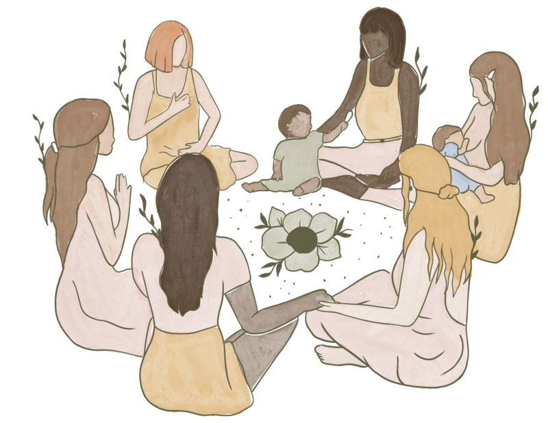 Illustration d'un groupe de femmes et de mères en cercle - sororité - marion gaubert psychologue clinicienne tosses santé périntale