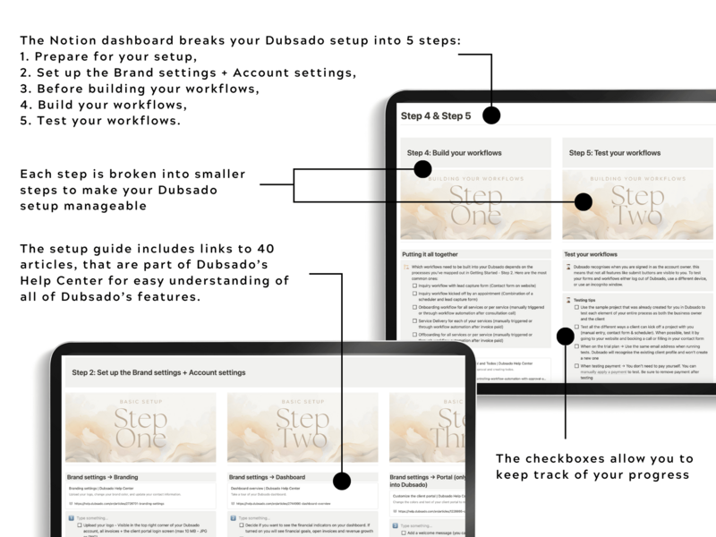 Elevate your client workflow with Dubsado Training- Product Images - Notion Dashboard by The Streamlined Creative by Stephanie Taale - Business Coach, Client Experience and Systems Strategist for brand and website designers