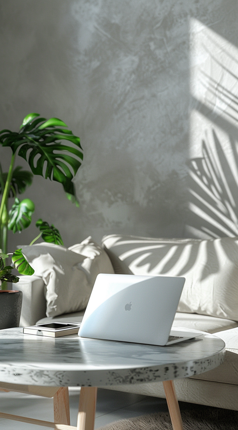 laptop on coffee table with couch and plant