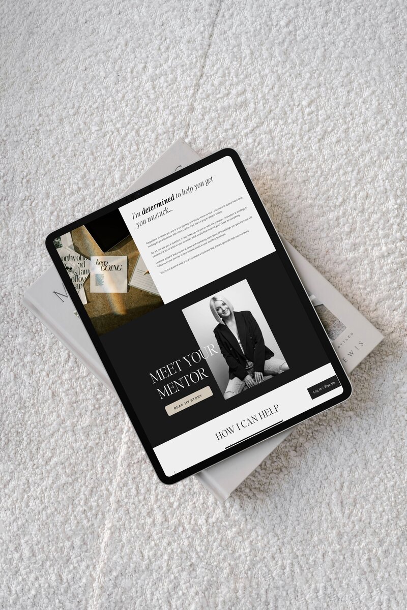 iPad website mockup for Kerry Curl styled over elegant interior photography