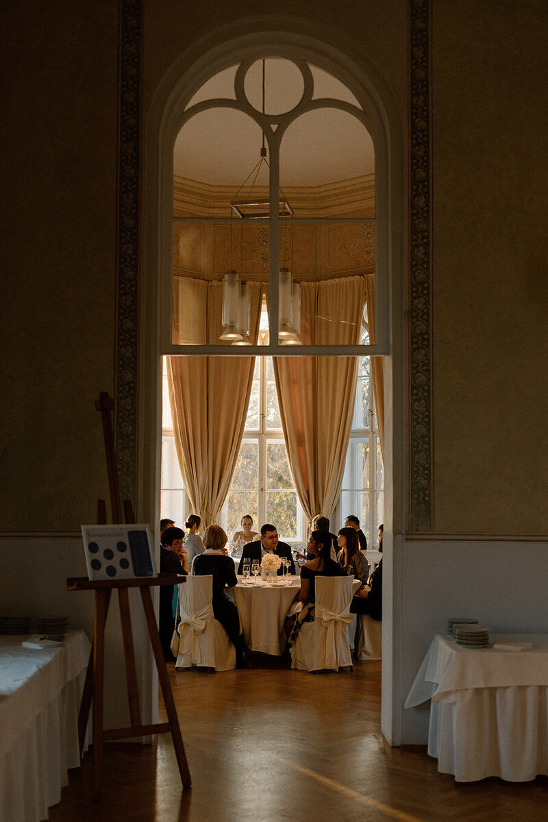 Luxury wedding in Europe – sophisticated bride in a modern wedding gown and groom in a timeless suit.