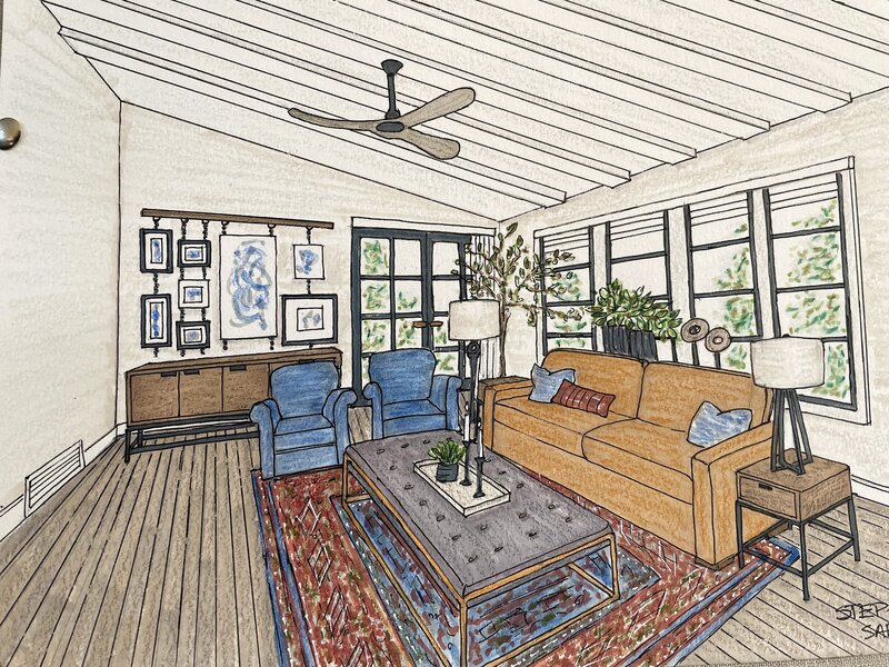 Great room sketch of Manito Cottage project, done by Spokane interior designer Sarro Design.