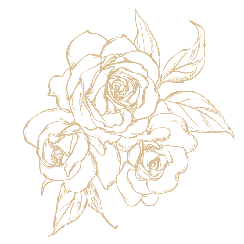 A beige line drawing of three blooming roses with leaves, arranged in a cluster.
