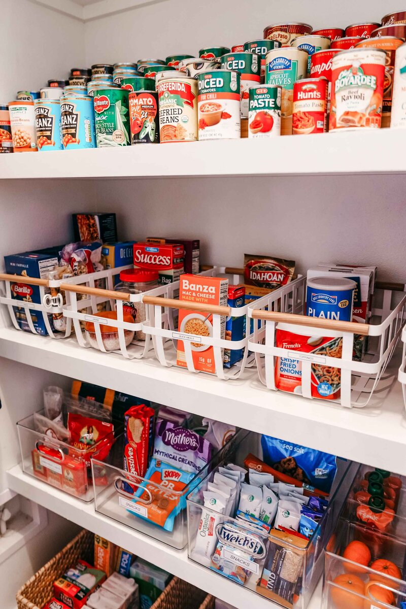 A kitchen pantry showing organized food products