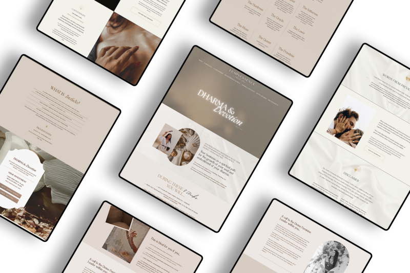 Multiple website design mockups displayed on devices showing Temple Dreams Studio's web design work for healers, coaches, therapists, mentors, wellness and beauty studios
