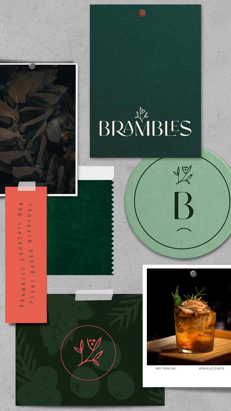 logo, images and other elements of the branding package shown on a mood board