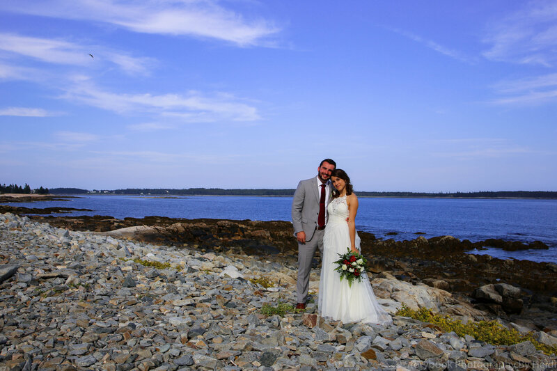 Bride and Groom standing together on rocky beach in Maine | Bar Harbor, Maine Wedding