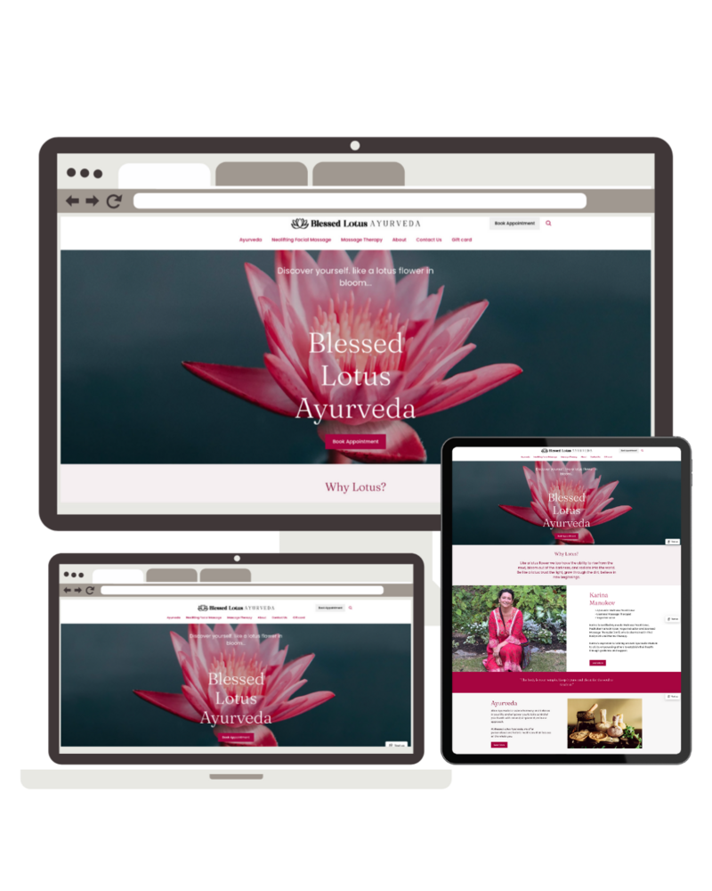 Website design for Blessed Lotus Ayurveda displayed on multiple devices, created by Deep Rooted Marketing