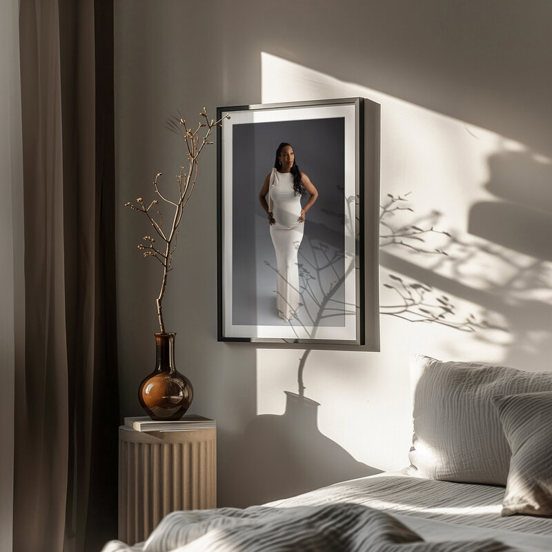Custom wall art frame for pictures in a living space.