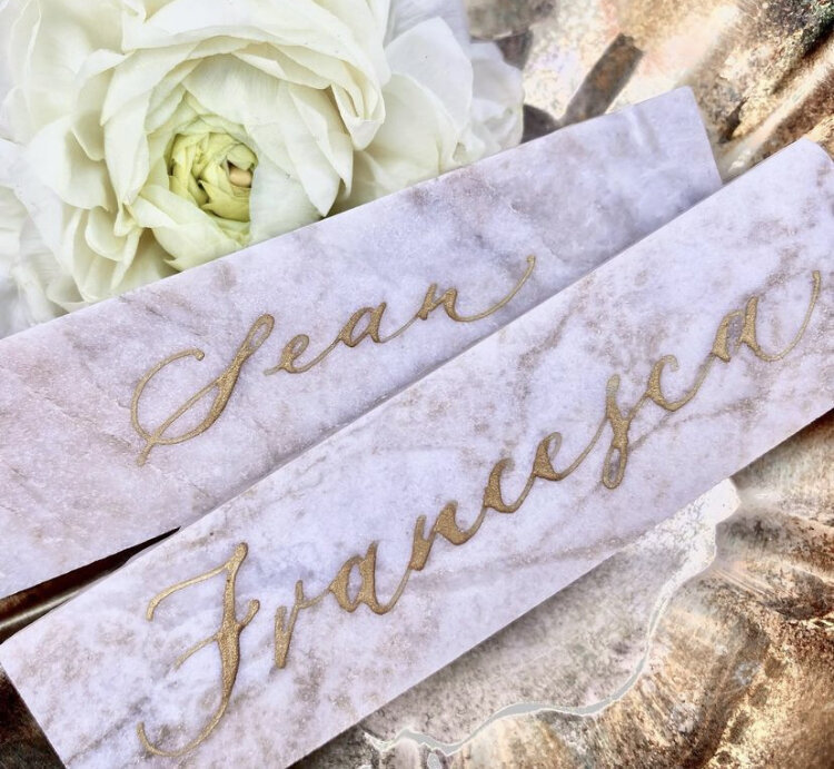 Elegant marble place card with custom calligraphy by Scribble Savvy from Washington DC