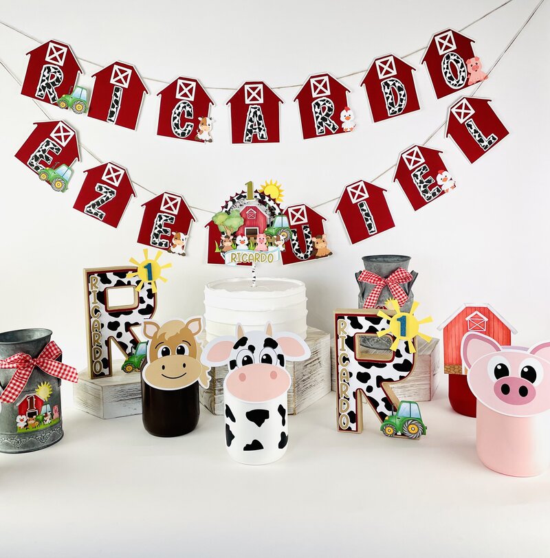 Farm animal birthday banner with barns, farm animals, birthday theme