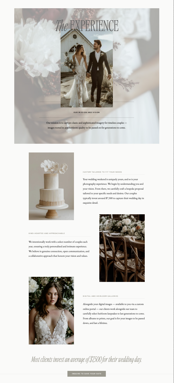 Screenshot of a full-length email layout featuring a wedding service provider with soft neutral visuals, elegant typography, and branded sections for showcasing offers, testimonials, and portfolio imagery.