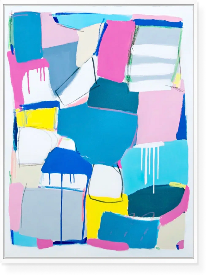 Abstract painting with bright blues, pinks and yellow colored shapes