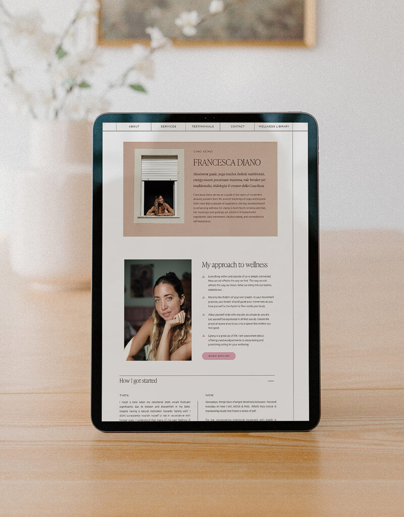 iPad mockup displaying a thoughtfully designed website for a yoga teacher and nutritionist, ideal for wellness entrepreneurs seeking a fresh, easy-to-navigate, and visually calming online space for their business.