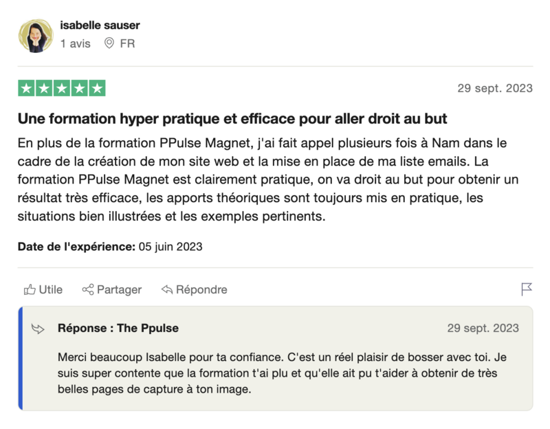 Capture d'écran d'un avis trustpilot d'une cliente satisfaite de son téléchargement.