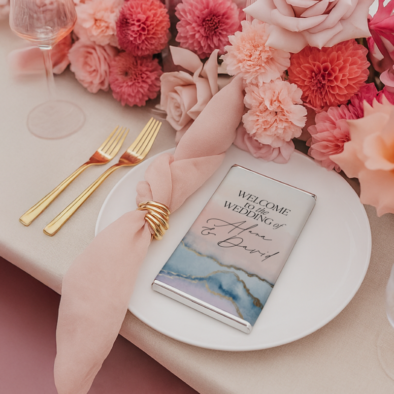 Set the tone for your big day with Barilliant’s luxury personalised wedding chocolate bars. This marble watercolour design in blush and blue, personalised for Anna and David, was styled alongside gold cutlery and lush floral arrangements. Perfect as wedding favours, welcome gifts, or place settings for couples seeking premium, bespoke details in Australia.