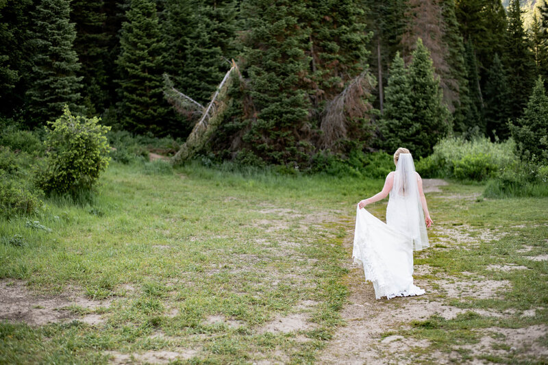 Bride walking away from the camera towards the trees holding her dress