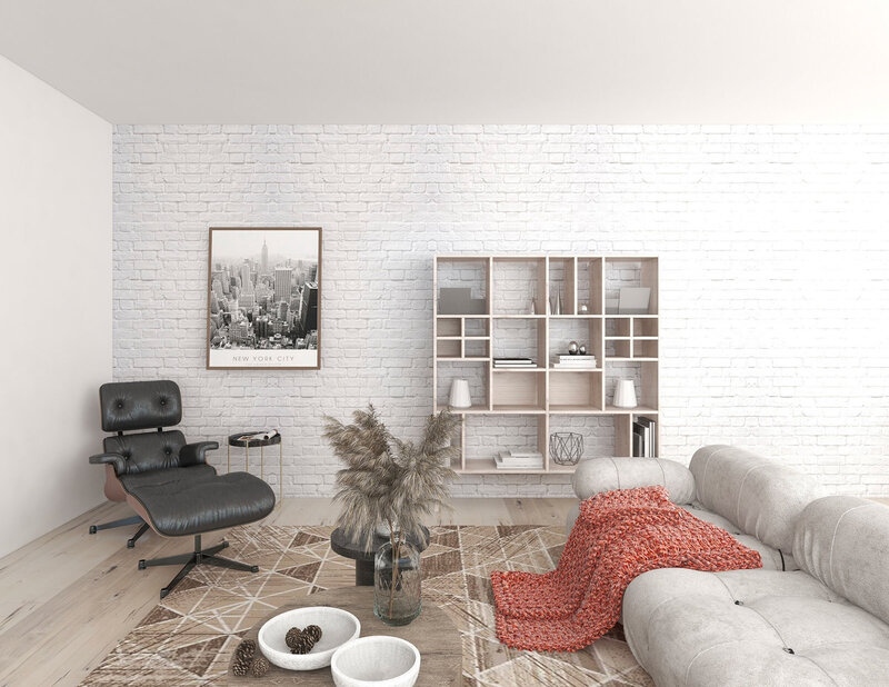 NYC loft remodel brick wall midcentury modern living room Brooklyn interior designer