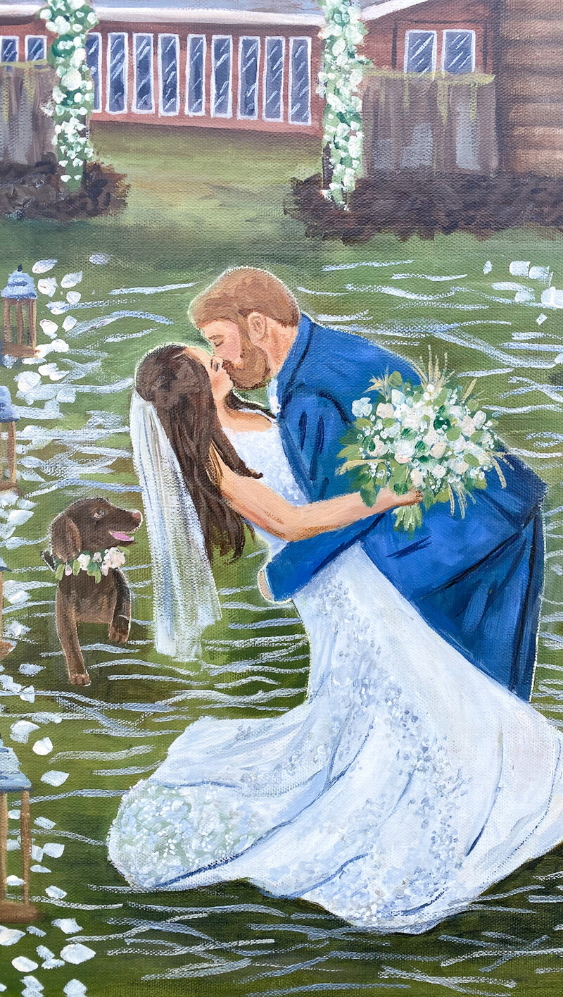 Vibrant acrylic painting of a couple sharing a dramatic and romantic dip kiss with their dog in the background at their rural Georgia wedding ceremony