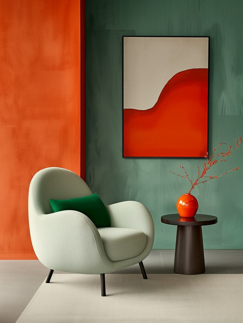 A contemporary interior design featuring a curvy, light green armchair with a vibrant green cushion, positioned next to a sleek black side table holding an orange vase with delicate red branches. The backdrop showcases bold orange and green walls with abstract art, embodying the sophistication and style inspired by vacation fundraising for charities.