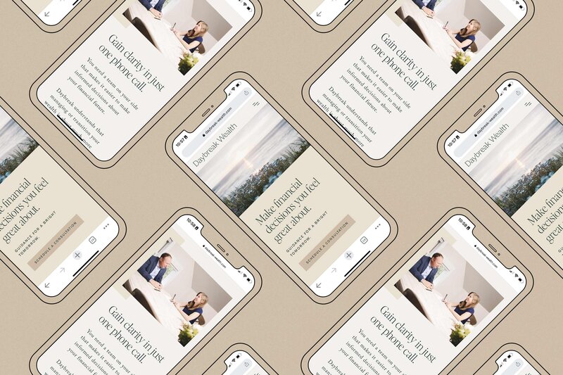 A beige background with multiple smartphones displays a website about gaining clarity in financial matters through a phone call. Each screen shows a man and woman discussing finances, offering tips and advice on achieving financial clarity, all seamlessly integrated into a custom Showit website design.