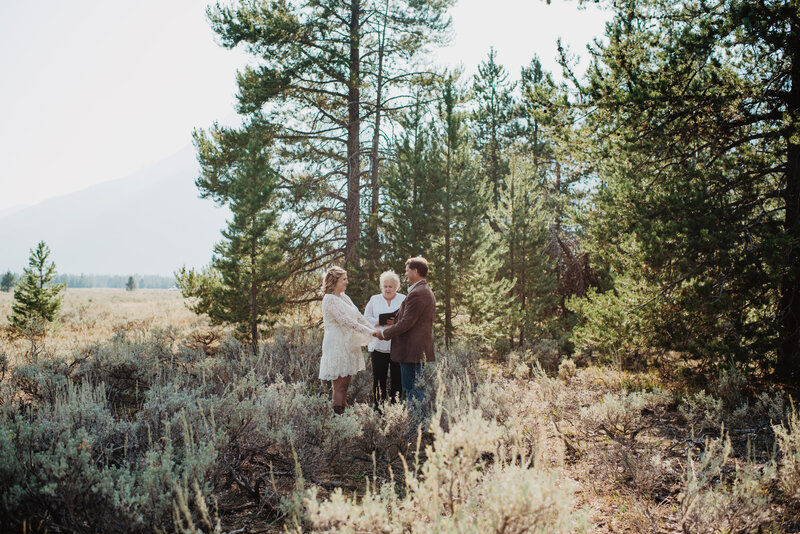 outdoor elopement in the grand tetons with bride adn groom holding hands as their officiant marries them in a grove of trees in the mountains