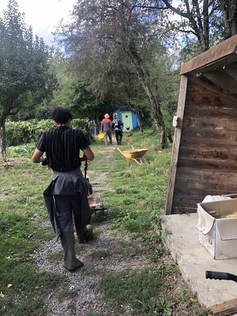 deux hommes entrain de prendre des tomates pour les mettre dans un broyeur pour en faire de la sauce