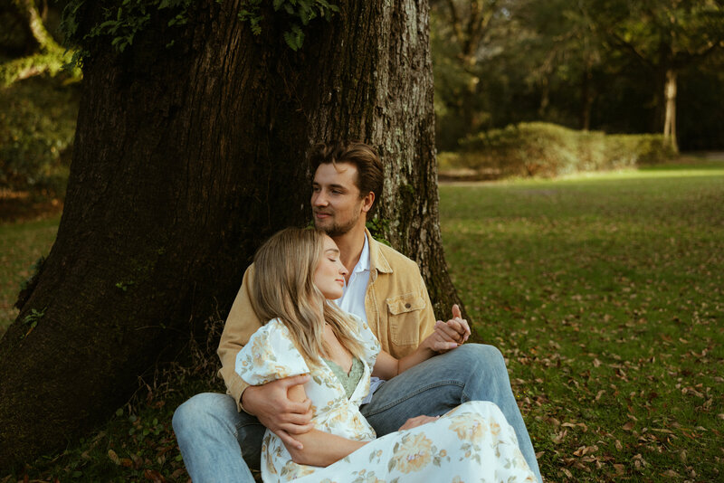 Bride and groom in garden.