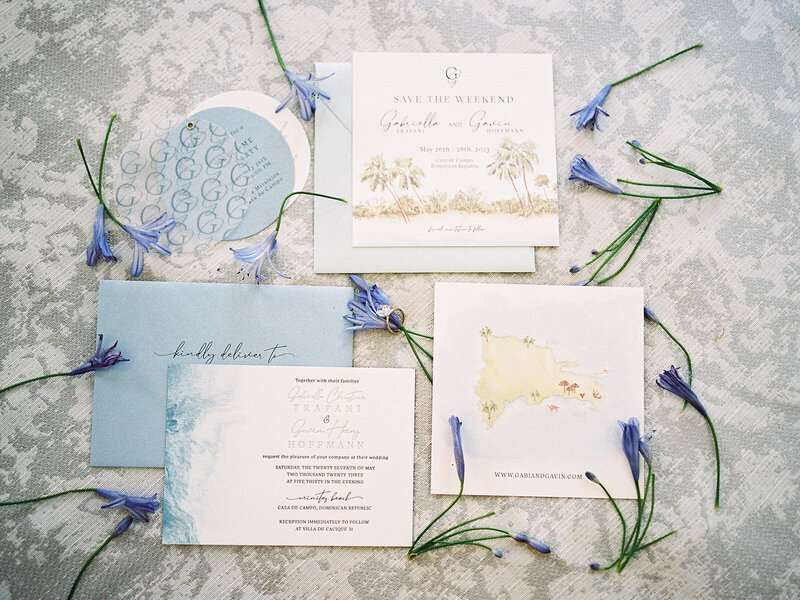 tropical invitation suite with watercolor map and custom monogram