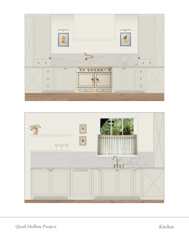 Rendered elevations of a farmhouse kitchen with natural stone, creamy cabinetry, and artful decor by Sister Studio