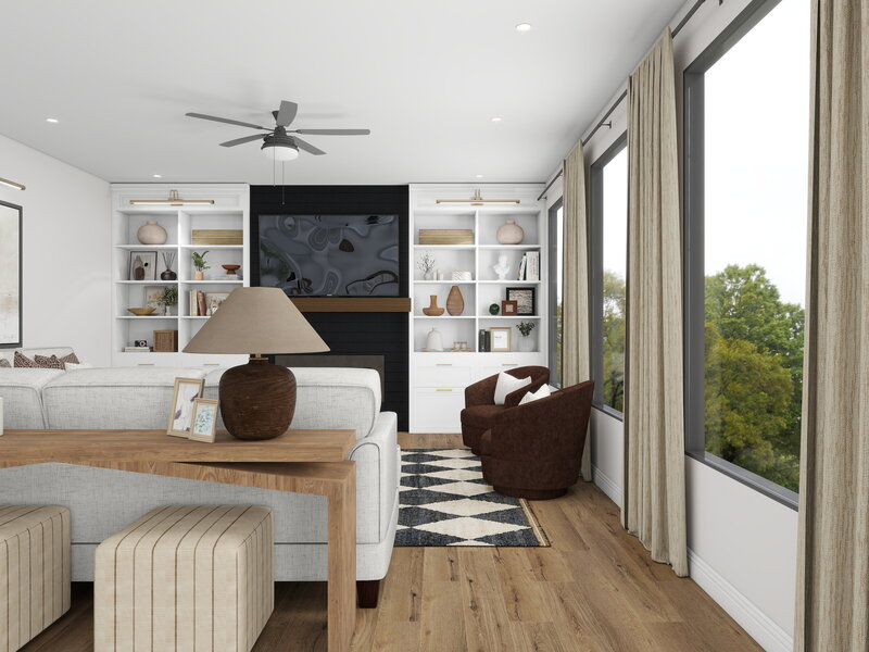 Living room 3D rendering with large sectional sofa, coffee table, rug and seating area near fireplace