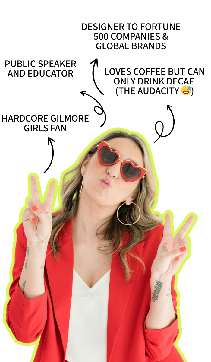 Small business website design expert in branded red outfit and heart glasses, sharing creative personality