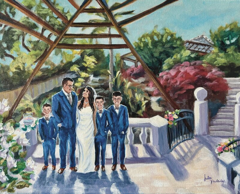 Painting of a family at wedding ceremony, bride wearing white and groom and three sons wearing blue suits under a wooden pergola and surrounded by a lush garden.