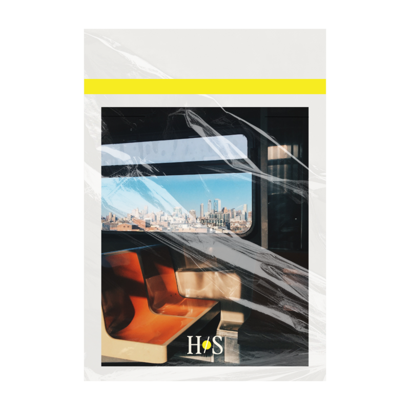 Graphic of magazine wrapped in plastic with picture of NYC subway view of Manhattan.
