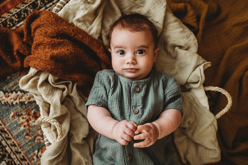 Baby girl holding a flower in studio captured by Baltimore Family Photographer