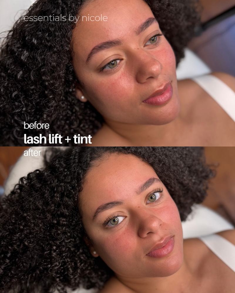 Lash lift and tint service creating natural lift, curl, and depth. A no-mascara-needed look that opens the eyes and defines the lashes.
