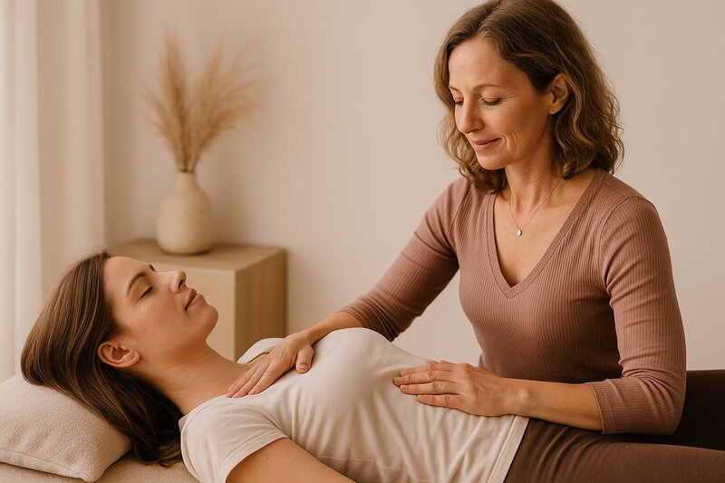Thérapeute pratiquant un soin ostéopathique sur une femme allongée – ostéopathie à Montréal pour relâcher les tensions, restaurer l’équilibre du corps et favoriser un mieux-être global

